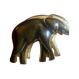 Double Lucky Elephant Vintage Brooch Gray Black Gold Tone Elegant Unique